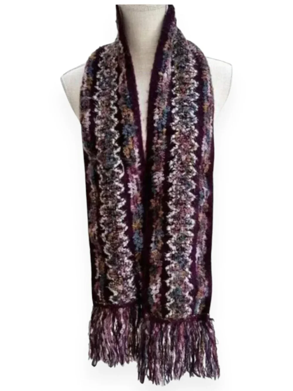 Wool Blend Purple Multi-Color Scarf with Fringe Detail